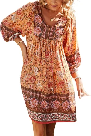 Women's Casual Summer Dress Boho V Neck 3/4 Long Sleeve Ruffle Floral Flowy Babydoll Mini Short Beach Dress