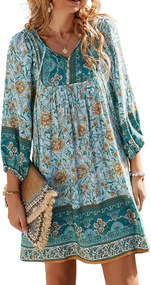 Women's Casual Summer Dress Boho V Neck 3/4 Long Sleeve Ruffle Floral Flowy Babydoll Mini Short Beach Dress