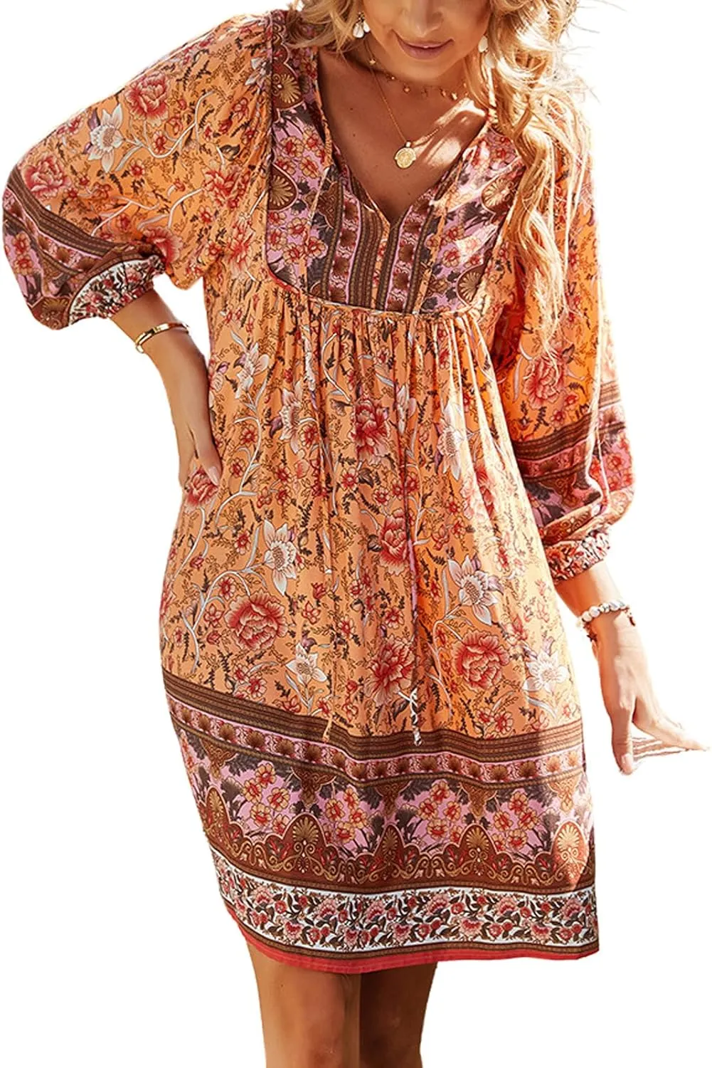 Women's Casual Summer Dress Boho V Neck 3/4 Long Sleeve Ruffle Floral Flowy Babydoll Mini Short Beach Dress
