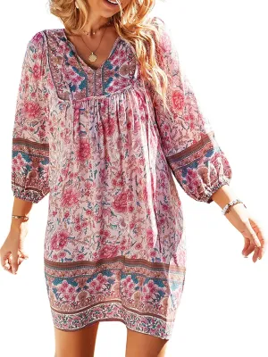 Women's Casual Summer Dress Boho V Neck 3/4 Long Sleeve Ruffle Floral Flowy Babydoll Mini Short Beach Dress