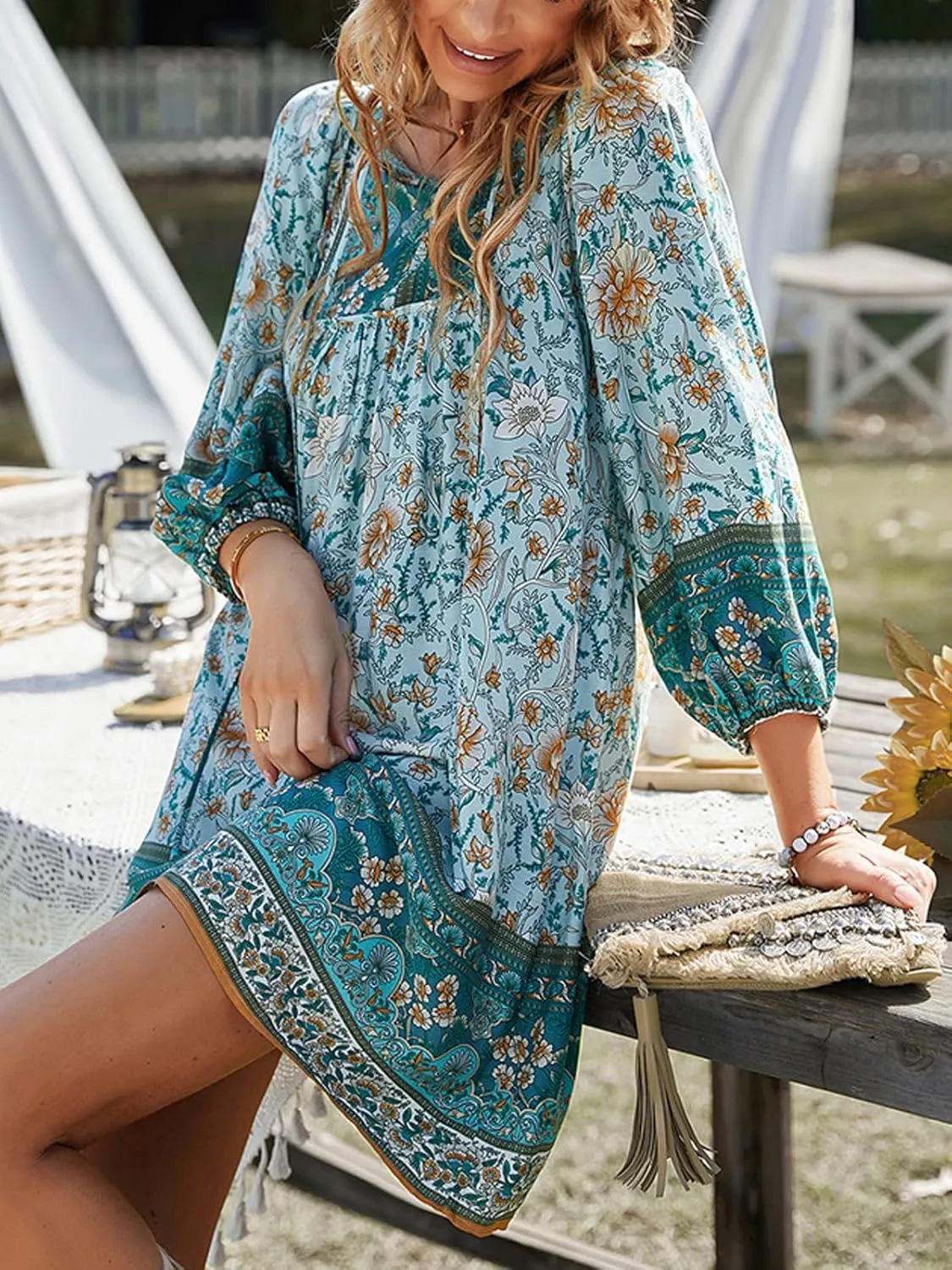 Women's Casual Summer Dress Boho V Neck 3/4 Long Sleeve Ruffle Floral Flowy Babydoll Mini Short Beach Dress
