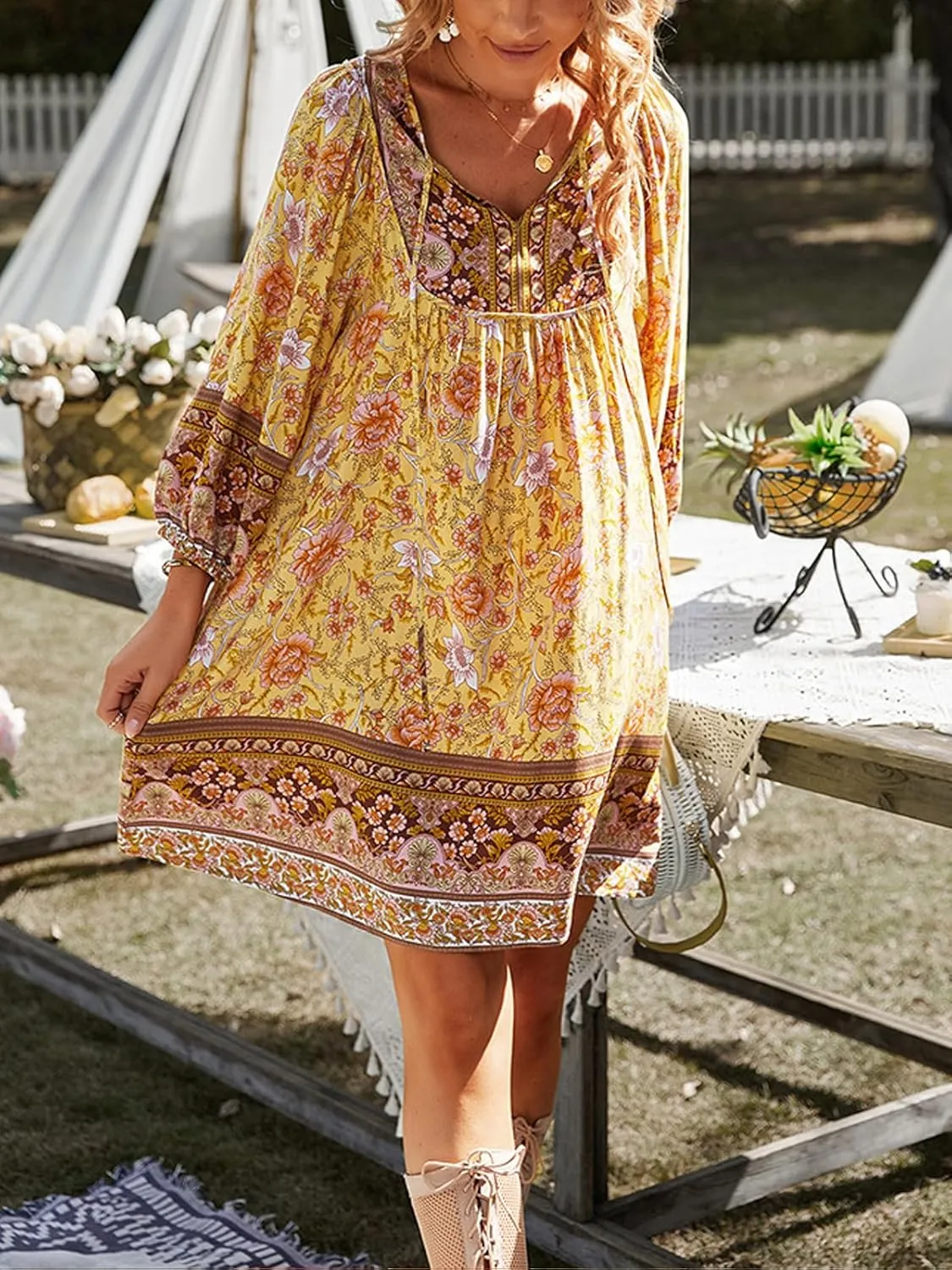 Women's Casual Summer Dress Boho V Neck 3/4 Long Sleeve Ruffle Floral Flowy Babydoll Mini Short Beach Dress