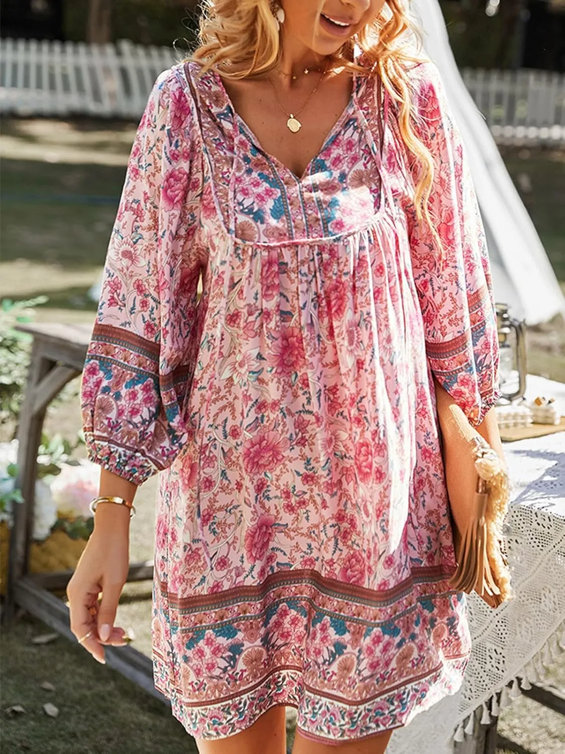 Women's Casual Summer Dress Boho V Neck 3/4 Long Sleeve Ruffle Floral Flowy Babydoll Mini Short Beach Dress