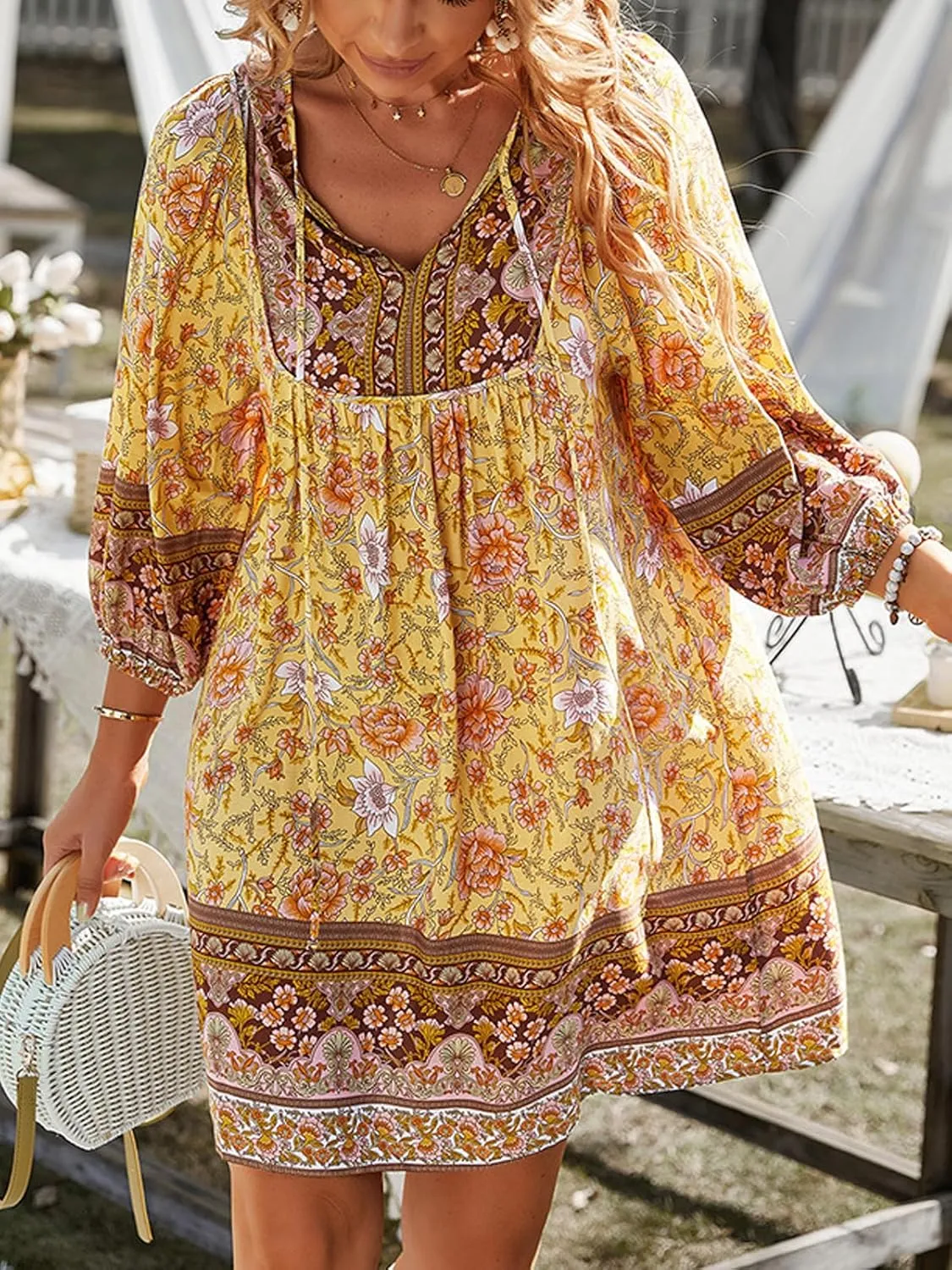 Women's Casual Summer Dress Boho V Neck 3/4 Long Sleeve Ruffle Floral Flowy Babydoll Mini Short Beach Dress
