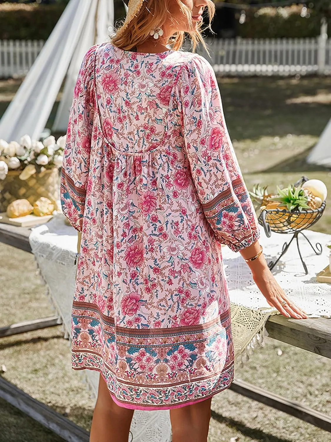 Women's Casual Summer Dress Boho V Neck 3/4 Long Sleeve Ruffle Floral Flowy Babydoll Mini Short Beach Dress