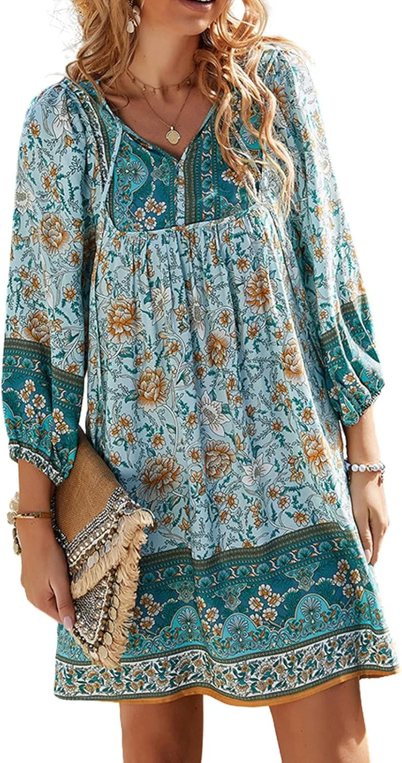Women's Casual Summer Dress Boho V Neck 3/4 Long Sleeve Ruffle Floral Flowy Babydoll Mini Short Beach Dress