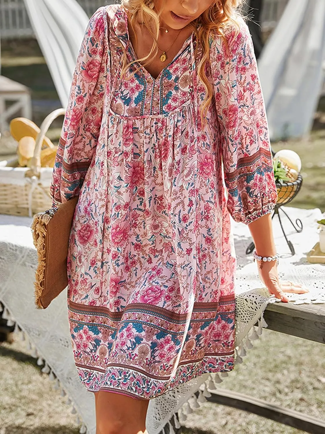 Women's Casual Summer Dress Boho V Neck 3/4 Long Sleeve Ruffle Floral Flowy Babydoll Mini Short Beach Dress