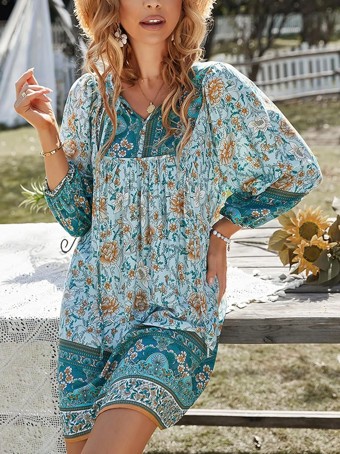 Women's Casual Summer Dress Boho V Neck 3/4 Long Sleeve Ruffle Floral Flowy Babydoll Mini Short Beach Dress
