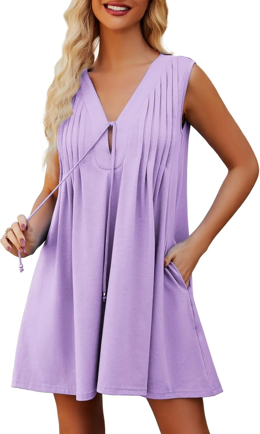 Womens Casual Summer Dresses V Neck Sleeveless Tank Dress with Pockets Pleated Flowy Mini Sundress 2025