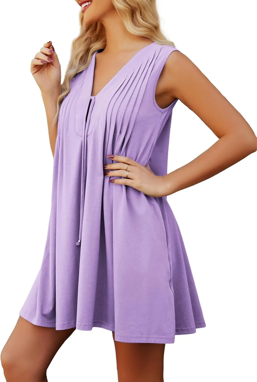 Womens Casual Summer Dresses V Neck Sleeveless Tank Dress with Pockets Pleated Flowy Mini Sundress 2025