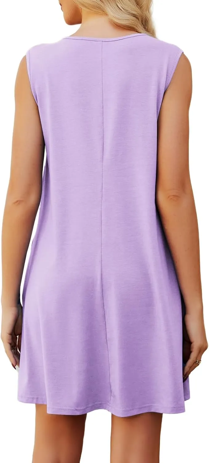 Womens Casual Summer Dresses V Neck Sleeveless Tank Dress with Pockets Pleated Flowy Mini Sundress 2025