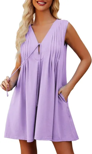 Womens Casual Summer Dresses V Neck Sleeveless Tank Dress with Pockets Pleated Flowy Mini Sundress 2025