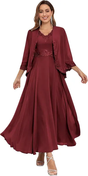 Women's Chiffon Mother of The Bride Dresses with Jackets for Wddding Ankle Length Lace 2 Piece Formal Dress