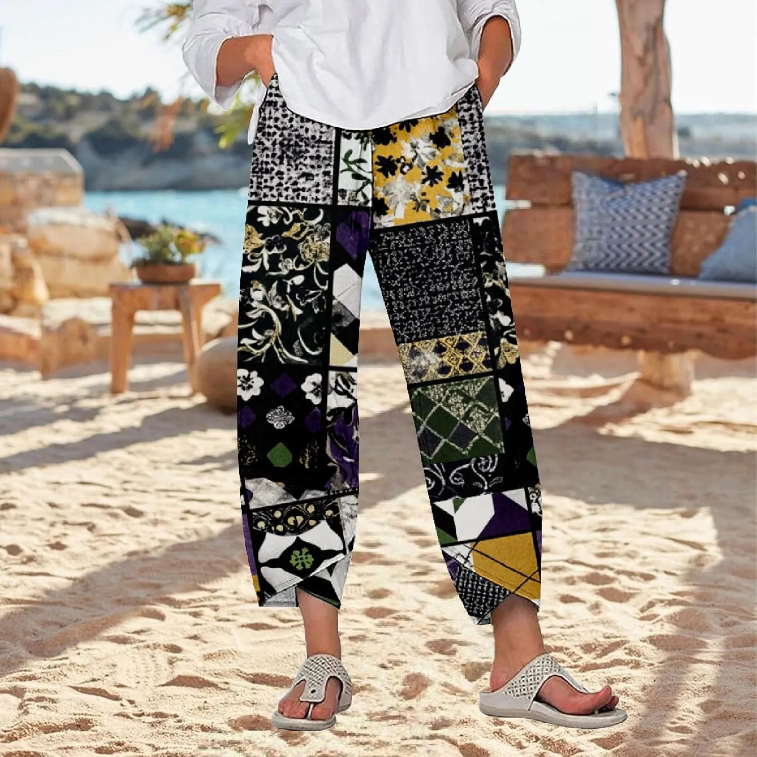 Womens Cotton Linen Blend High Waisted Capri Pants with Pockets Summer Elastic Waist Palazzo Lounge Baggy Trousers
