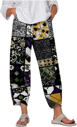 Womens Cotton Linen Blend High Waisted Capri Pants with Pockets Summer Elastic Waist Palazzo Lounge Baggy Trousers
