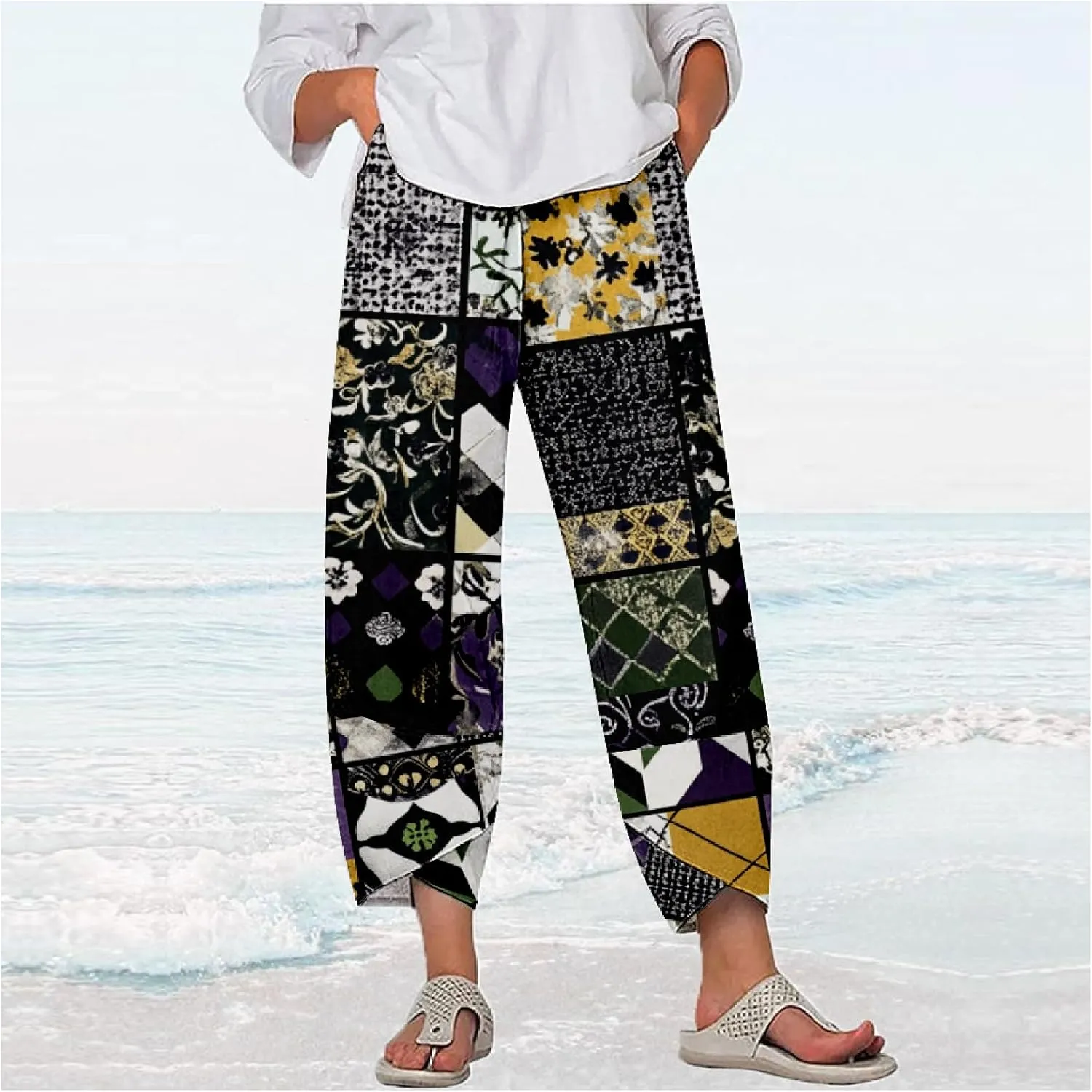 Womens Cotton Linen Blend High Waisted Capri Pants with Pockets Summer Elastic Waist Palazzo Lounge Baggy Trousers