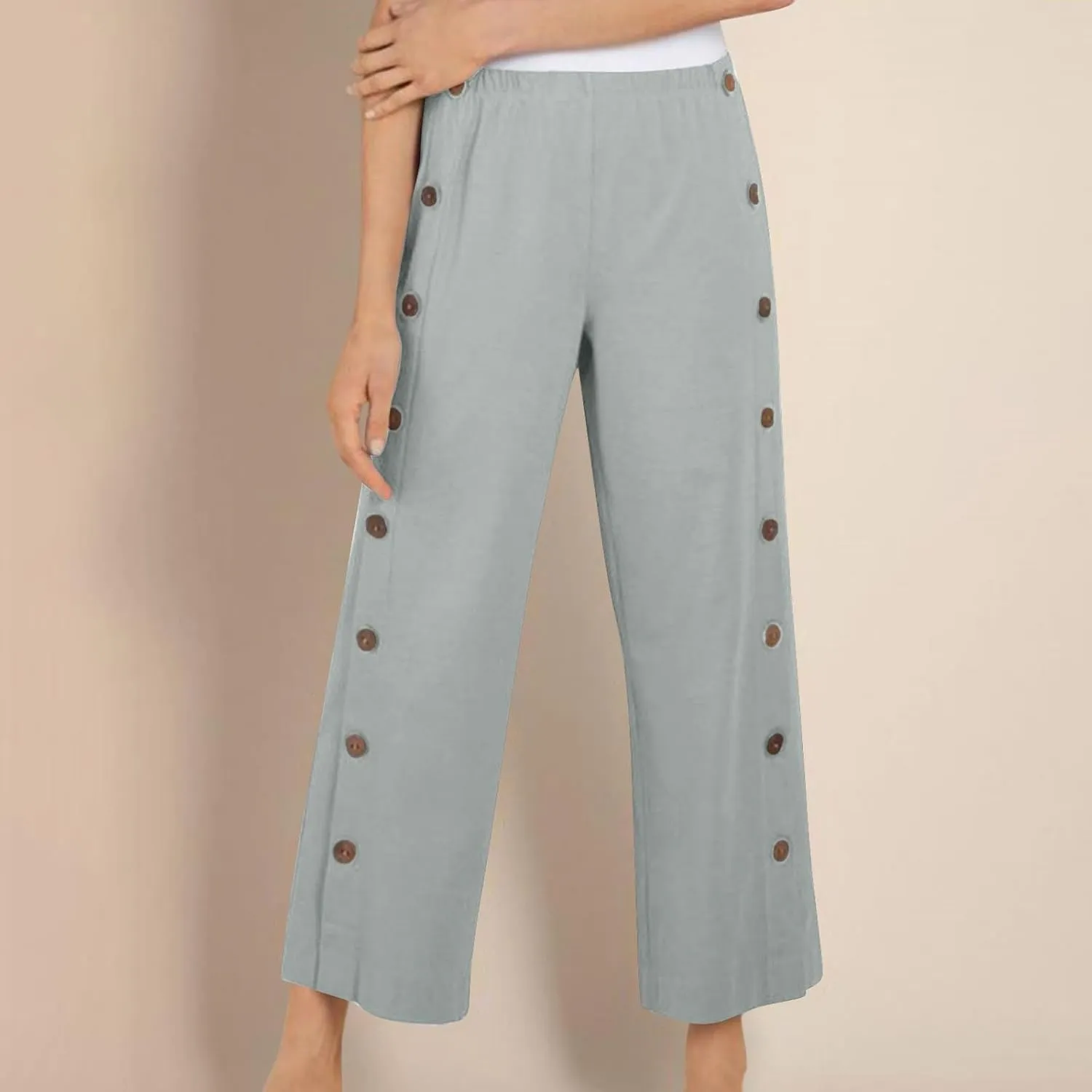 Womens Cotton Linen Summer Palazzo Pants Capri Casual Elastic Waisted Soild Trousers Fashion Side Button Slacks