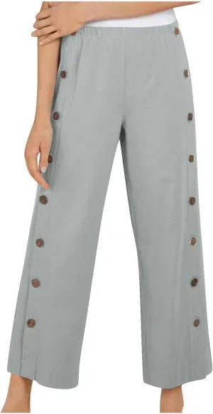 Womens Cotton Linen Summer Palazzo Pants Capri Casual Elastic Waisted Soild Trousers Fashion Side Button Slacks