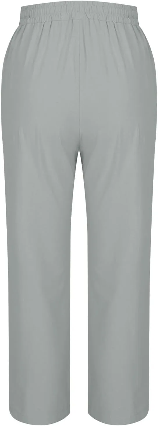 Womens Cotton Linen Summer Palazzo Pants Capri Casual Elastic Waisted Soild Trousers Fashion Side Button Slacks