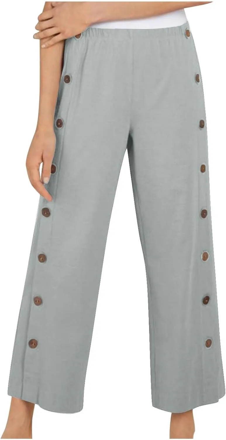 Womens Cotton Linen Summer Palazzo Pants Capri Casual Elastic Waisted Soild Trousers Fashion Side Button Slacks
