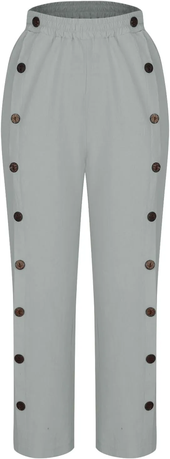 Womens Cotton Linen Summer Palazzo Pants Capri Casual Elastic Waisted Soild Trousers Fashion Side Button Slacks