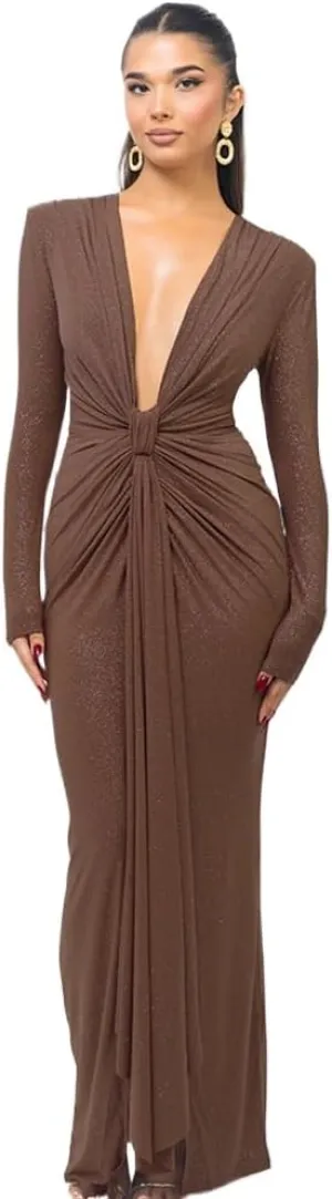 Women's Deep V Neck Wrap Slit Hem Ruched Bodycon Sexy Maxi Dresses Long Sleeve Cocktail Party Wedding Guest Dress