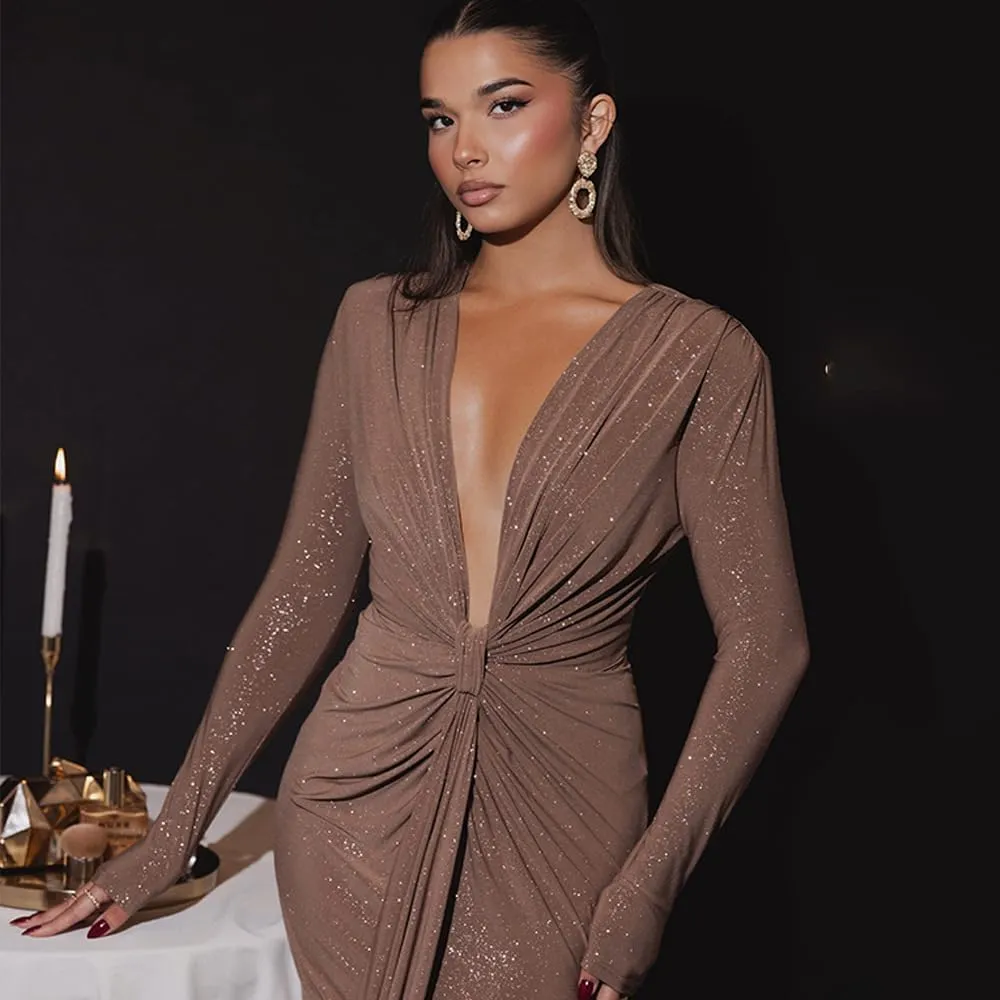 Women's Deep V Neck Wrap Slit Hem Ruched Bodycon Sexy Maxi Dresses Long Sleeve Cocktail Party Wedding Guest Dress