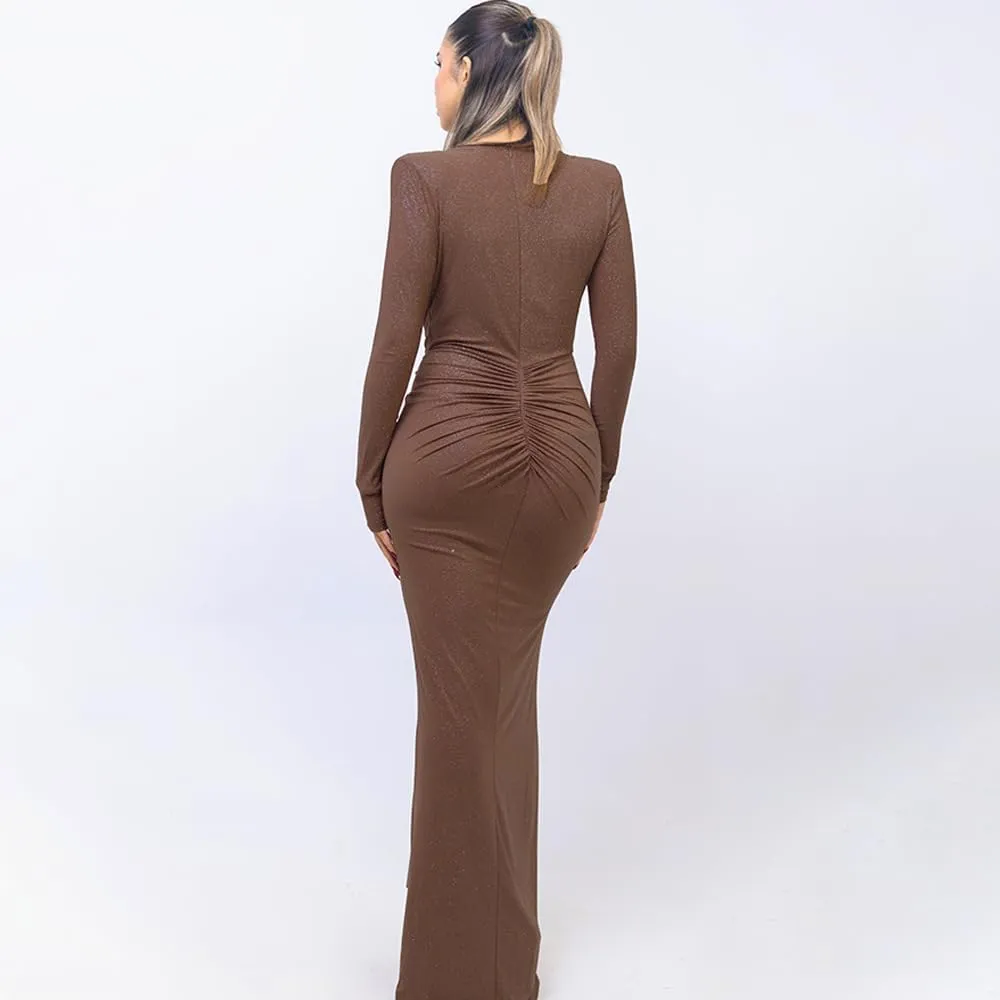 Women's Deep V Neck Wrap Slit Hem Ruched Bodycon Sexy Maxi Dresses Long Sleeve Cocktail Party Wedding Guest Dress