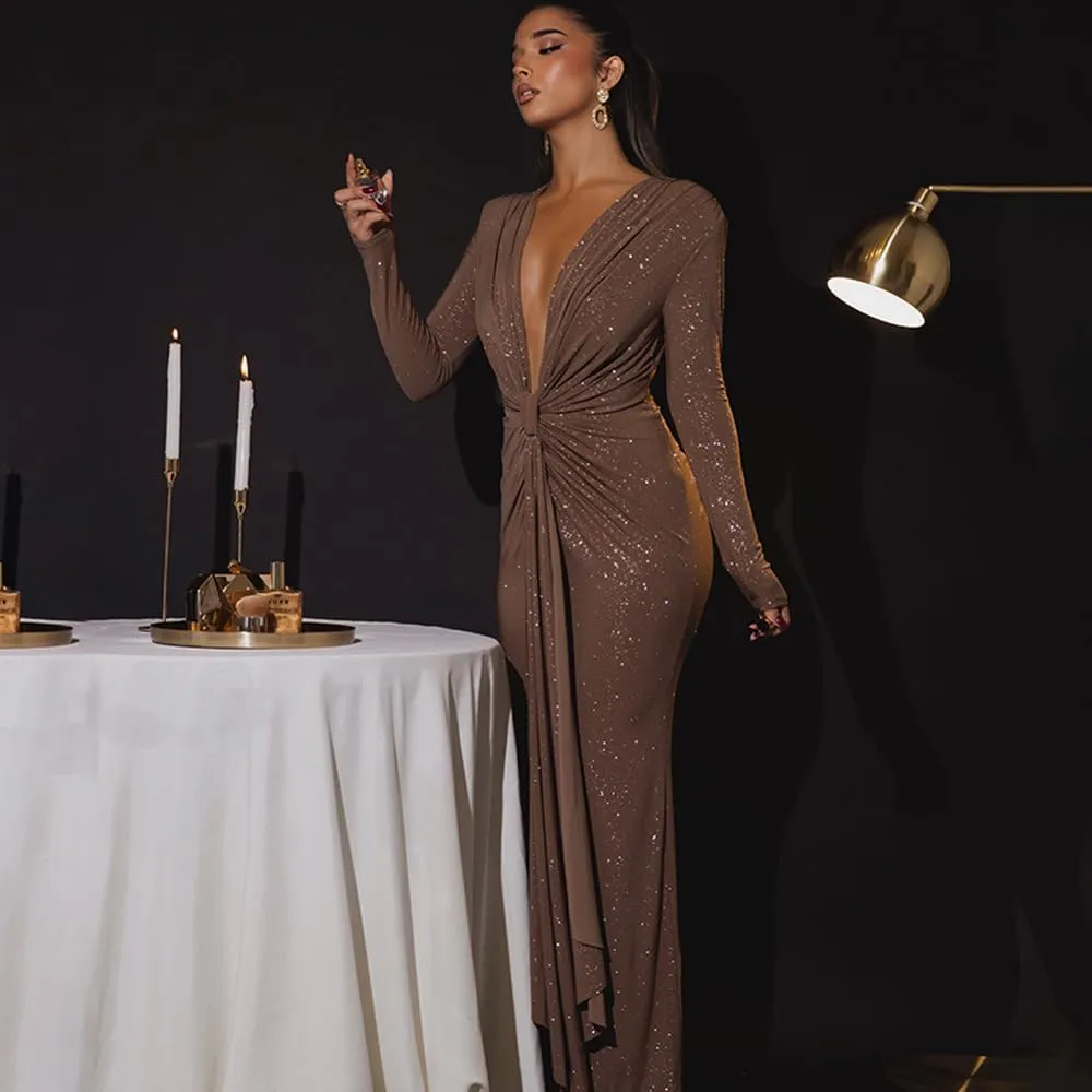 Women's Deep V Neck Wrap Slit Hem Ruched Bodycon Sexy Maxi Dresses Long Sleeve Cocktail Party Wedding Guest Dress