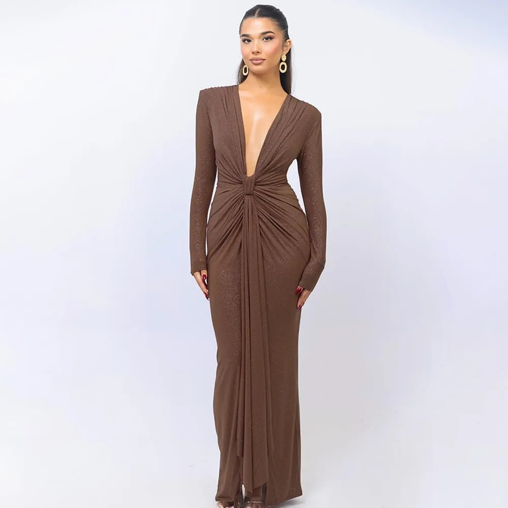Women's Deep V Neck Wrap Slit Hem Ruched Bodycon Sexy Maxi Dresses Long Sleeve Cocktail Party Wedding Guest Dress