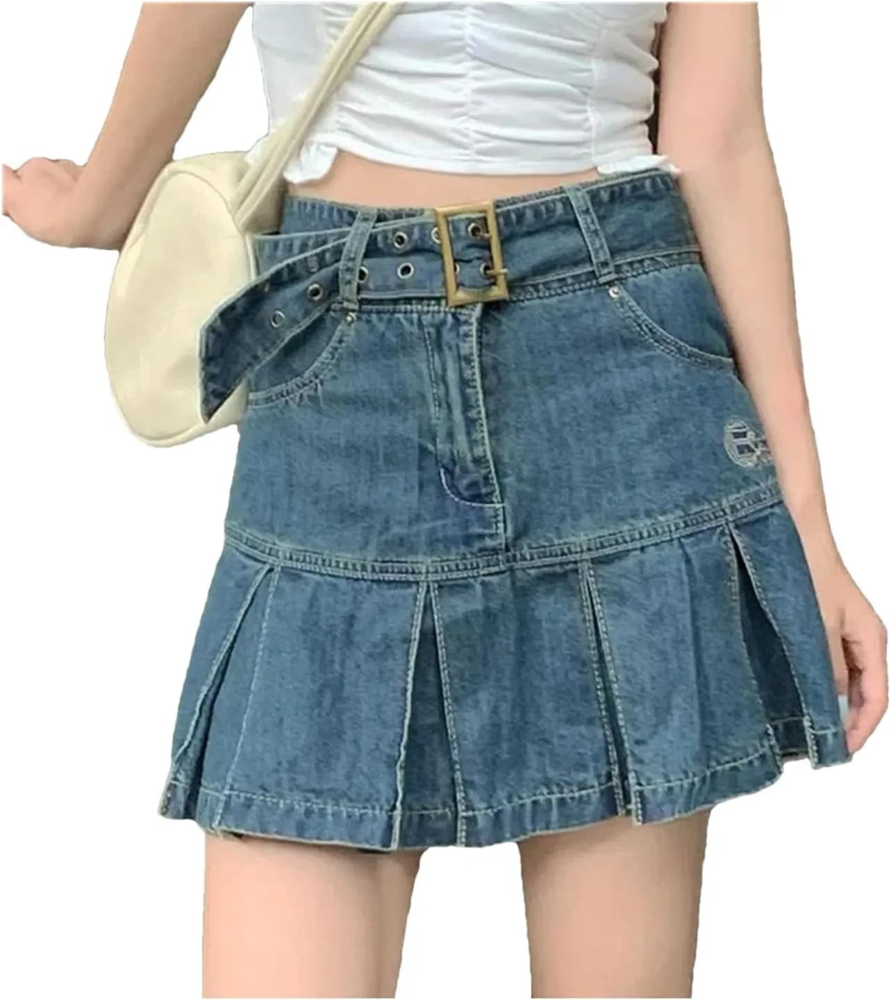 Women's Denim Skirt High Waist Mini Skirt Pleated Korean Retro Skirt