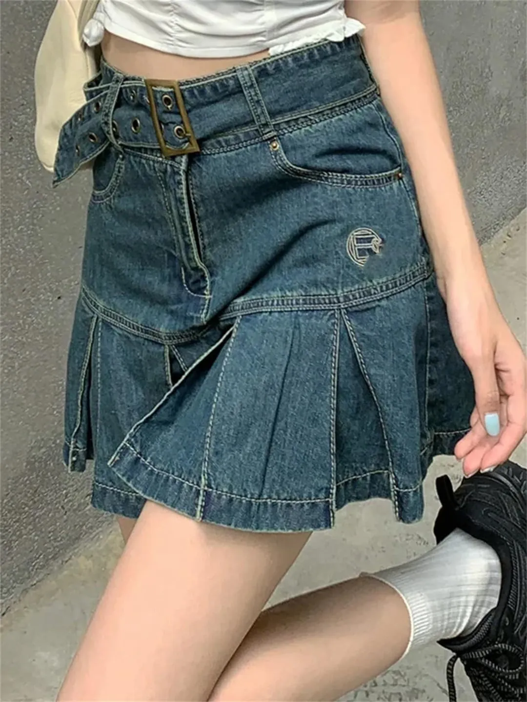 Women's Denim Skirt High Waist Mini Skirt Pleated Korean Retro Skirt