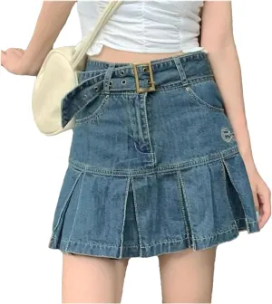 Women's Denim Skirt High Waist Mini Skirt Pleated Korean Retro Skirt