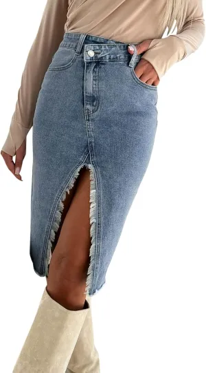 Women's Denim Skirt High Waisted Casual Wrap Jean Midi Skirts Slit Midi Skirt 2024