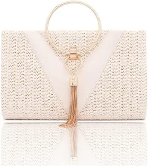 Womens Evening Bags Handbags with Metal Handle Tassel Clutch Chain Shoulder Purses Wedding Party