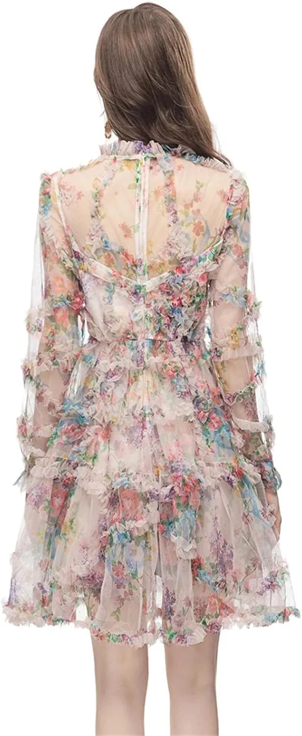 Womens Floral Print Party Dress Crew Neck Long Sleeve Ruffles High Waist Mesh Mini Dresses