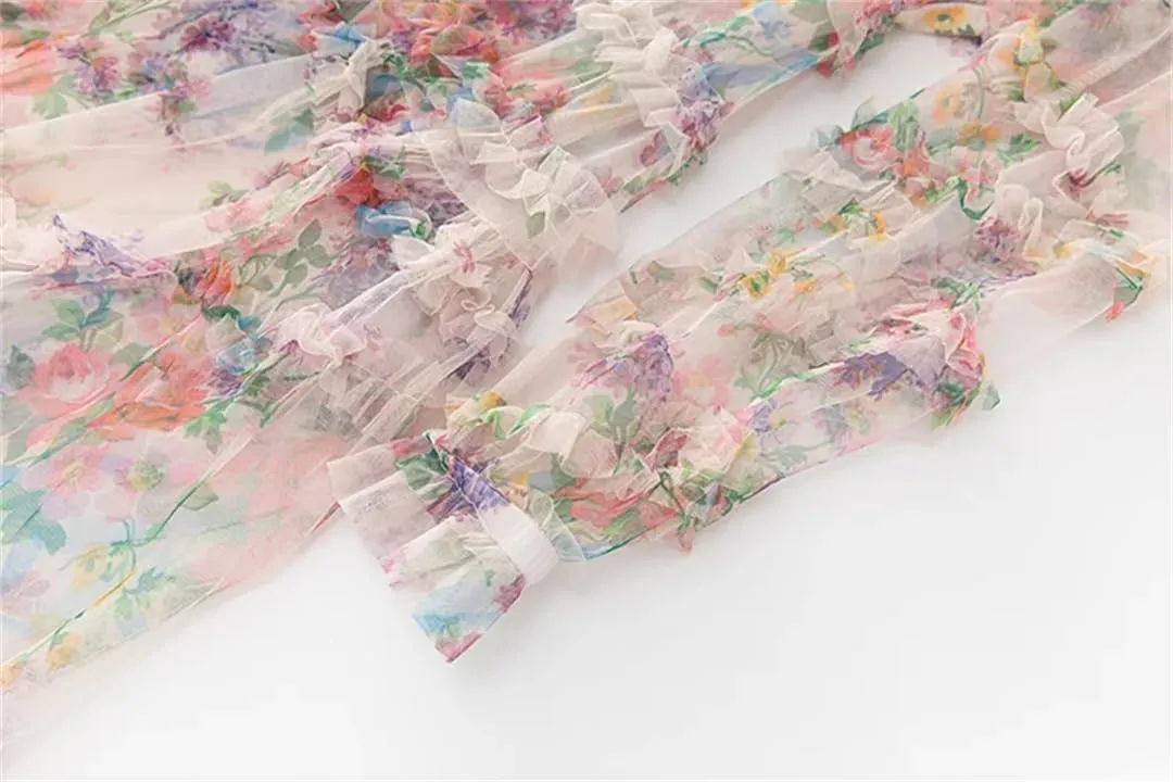 Womens Floral Print Party Dress Crew Neck Long Sleeve Ruffles High Waist Mesh Mini Dresses
