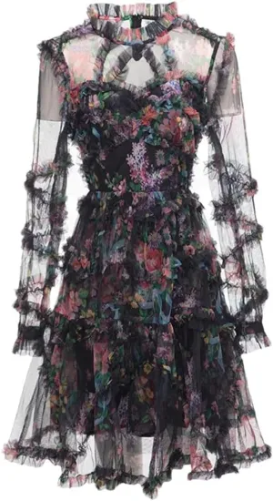 Womens Floral Print Party Dress Crew Neck Long Sleeve Ruffles High Waist Mesh Mini Dresses