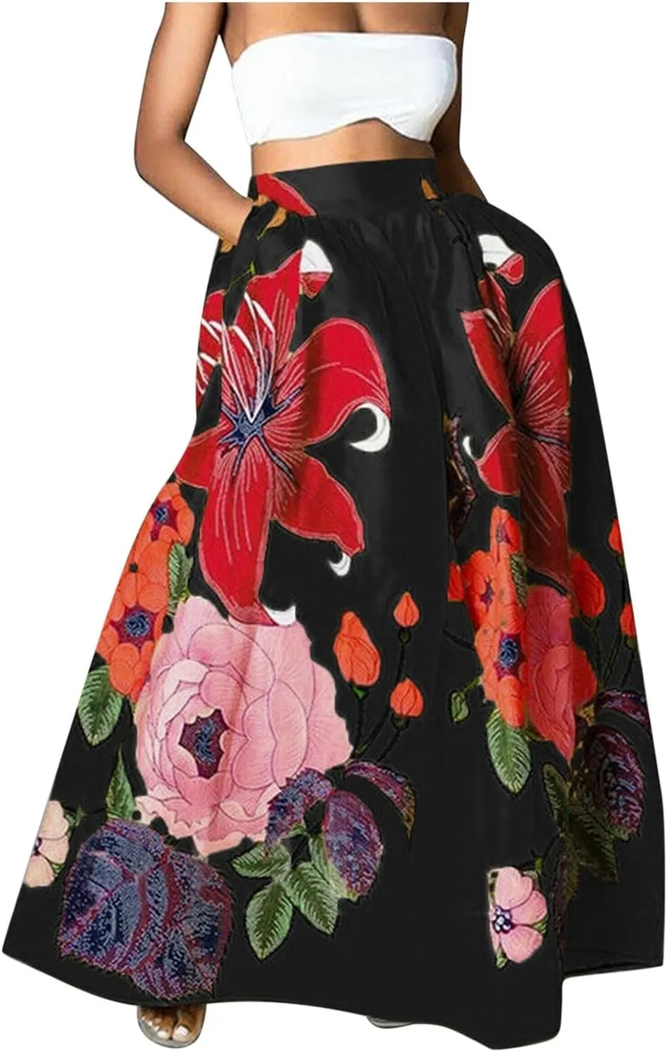 Women's Floral Ruffle Skirts Boho Maxi Skirt Plus Size High Waist Fashion Loose Hem Backless Beach Dresses Pocket