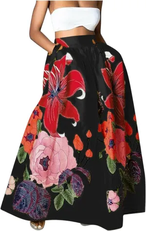 Women's Floral Ruffle Skirts Boho Maxi Skirt Plus Size High Waist Fashion Loose Hem Backless Beach Dresses Pocket