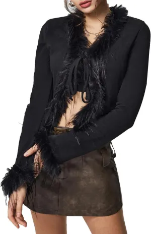 Women's Fluffy Faux Fur Cardigan Y2K Bow Tie Front Tops Cropped Shaggy Collar Cuffs Fall Clubwear Cardigan Black