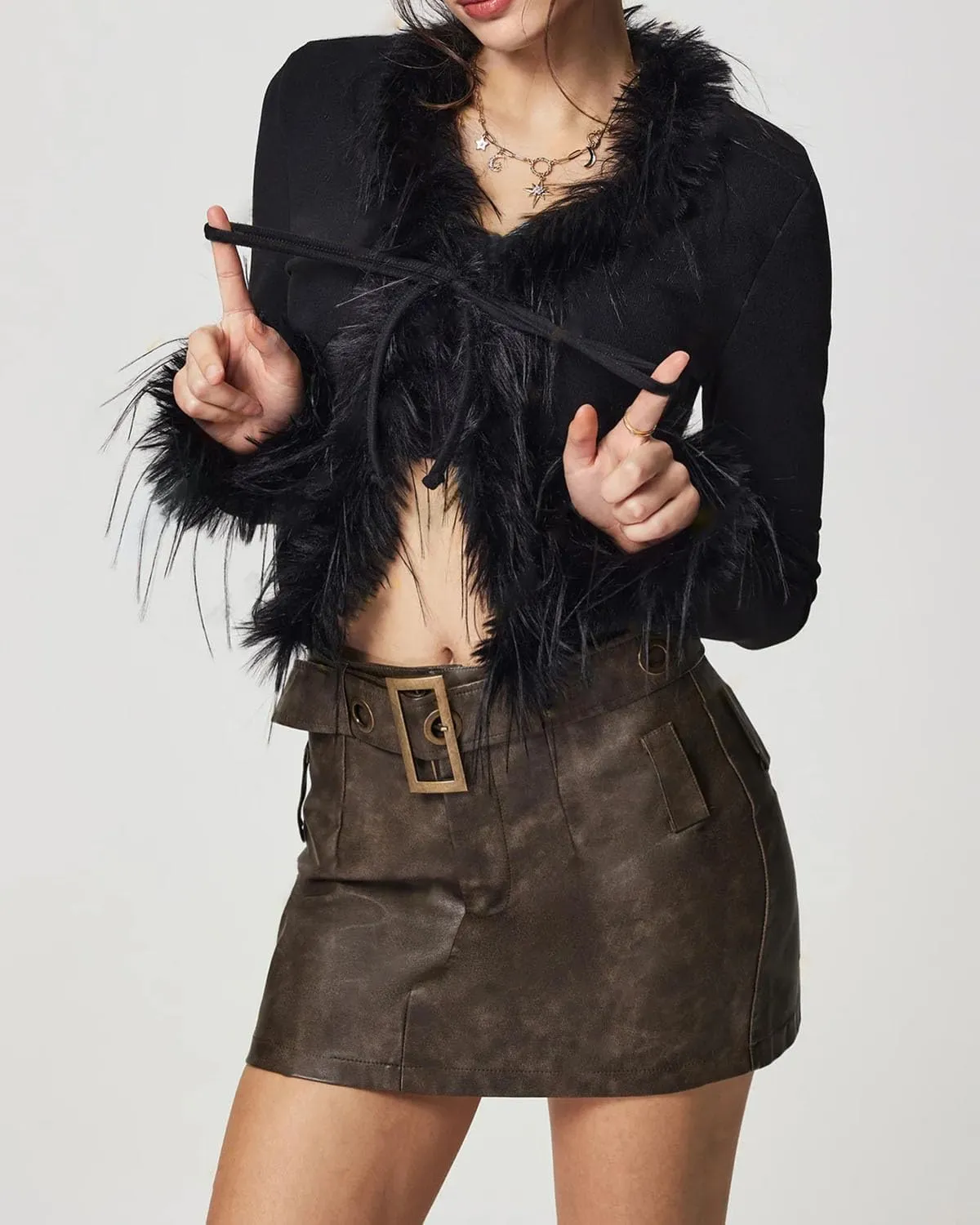 Women's Fluffy Faux Fur Cardigan Y2K Bow Tie Front Tops Cropped Shaggy Collar Cuffs Fall Clubwear Cardigan Black