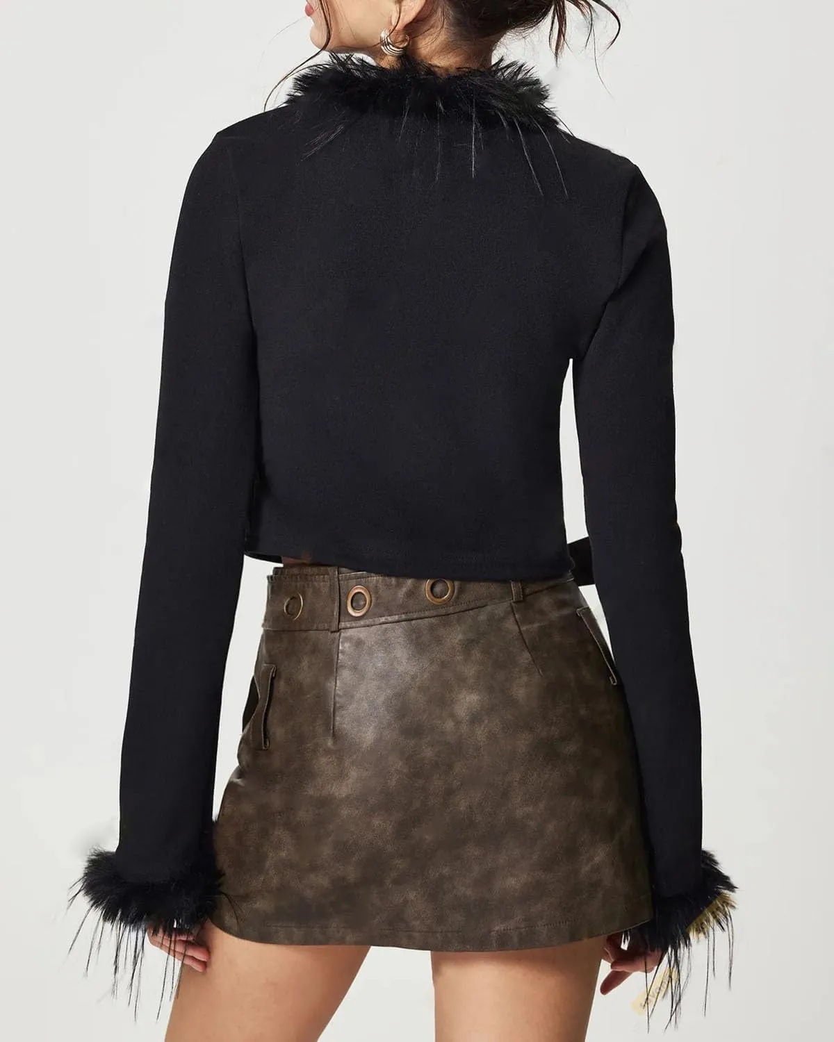Women's Fluffy Faux Fur Cardigan Y2K Bow Tie Front Tops Cropped Shaggy Collar Cuffs Fall Clubwear Cardigan Black
