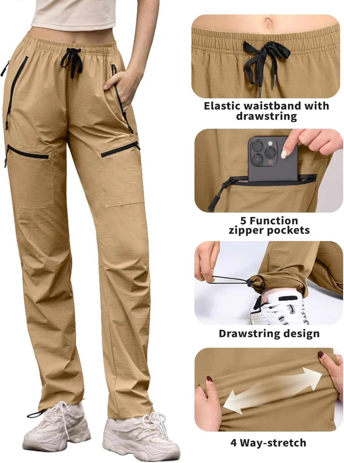 Womens Hiking Pants Quick Dry Tall Insteam 30"/32"/34"/36" Cargo Joggers Lightweight Breathable Pants with 5 Pockets