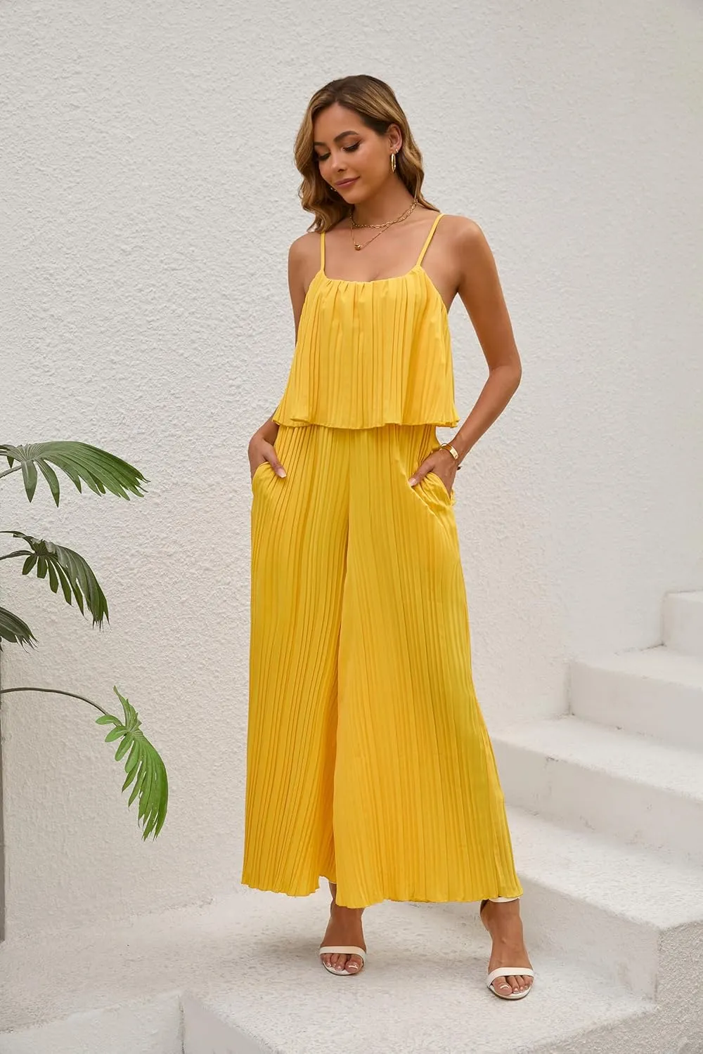 Women's Jumpsuit Casual Cape Ruffled Jumpsuit Spaghetti Straps Wide Leg Pants Long Jumpsuit with Pockets