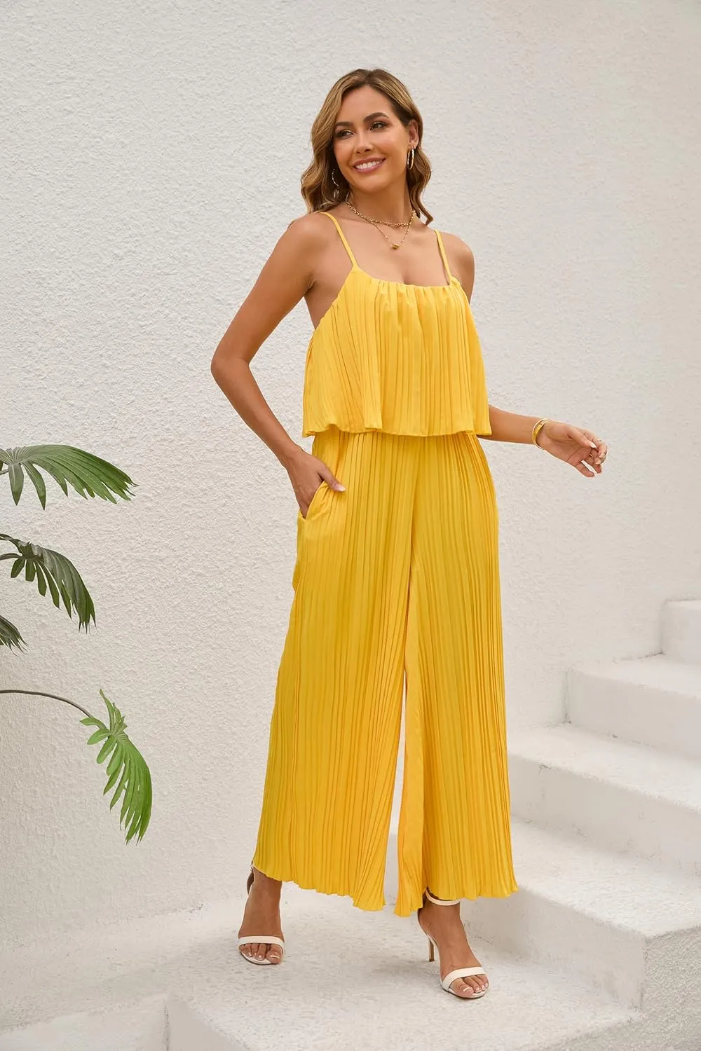 Women's Jumpsuit Casual Cape Ruffled Jumpsuit Spaghetti Straps Wide Leg Pants Long Jumpsuit with Pockets