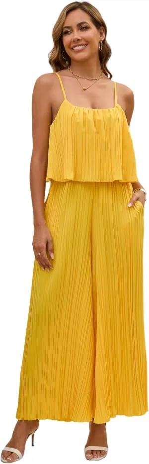 Women's Jumpsuit Casual Cape Ruffled Jumpsuit Spaghetti Straps Wide Leg Pants Long Jumpsuit with Pockets