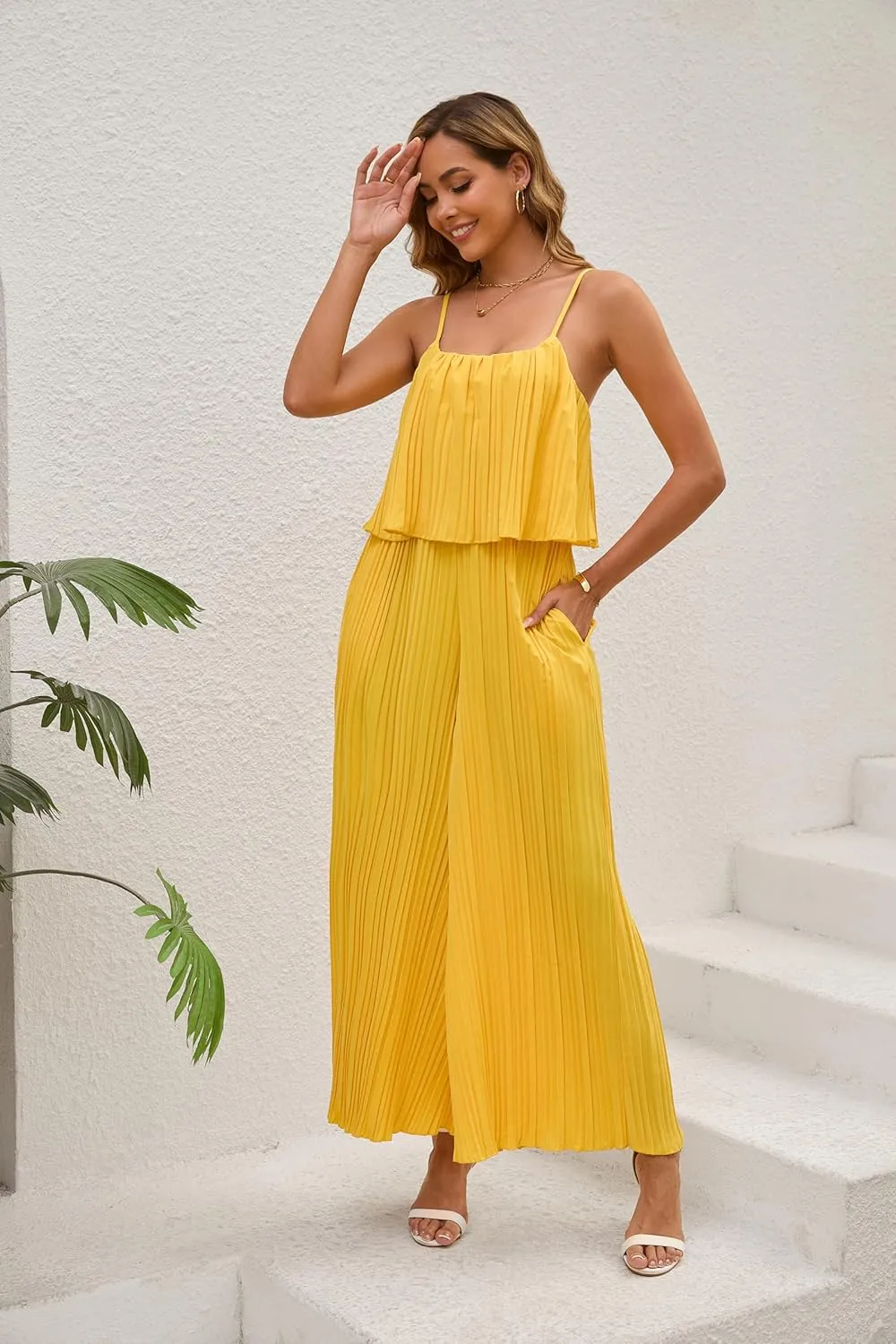 Women's Jumpsuit Casual Cape Ruffled Jumpsuit Spaghetti Straps Wide Leg Pants Long Jumpsuit with Pockets