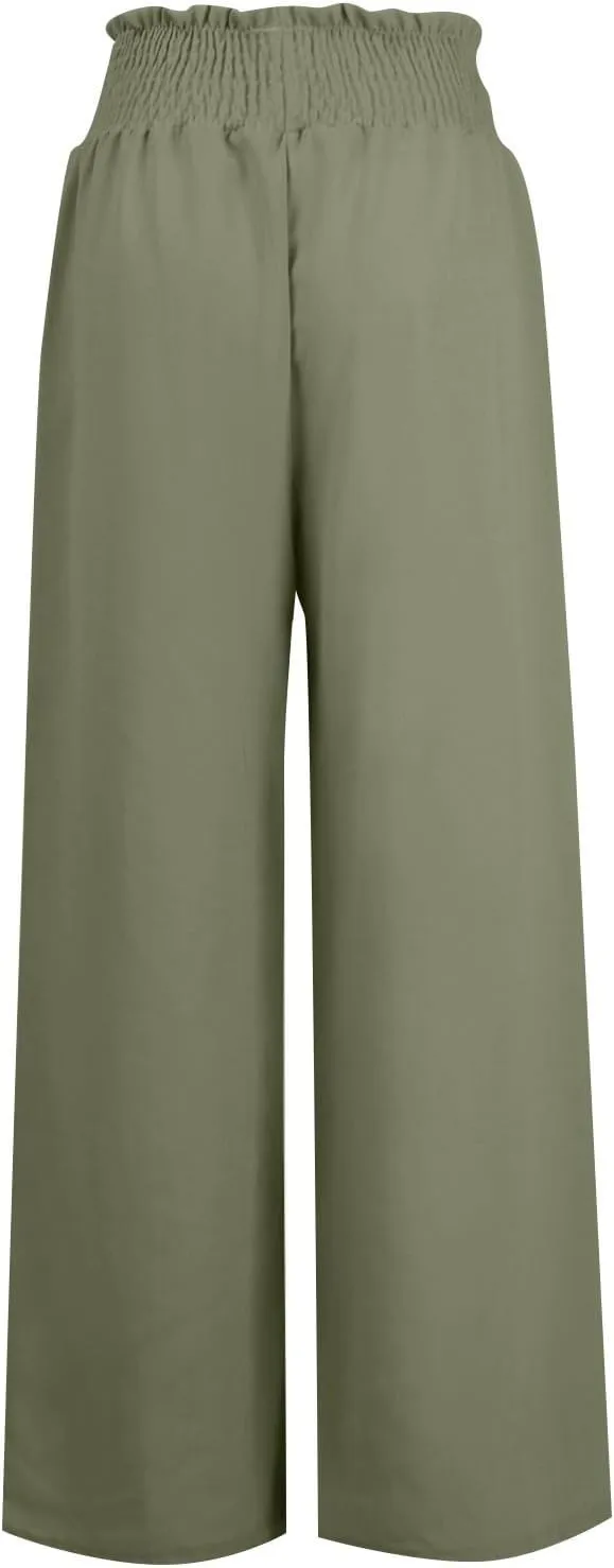 Women's Linen Blend Summer Floral Pants Low Waist Wide Leg Plus Size Pant Trousers Travel