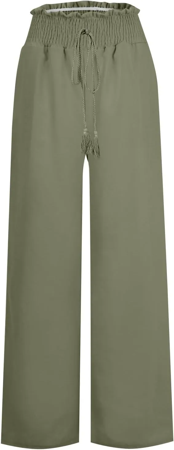 Women's Linen Blend Summer Floral Pants Low Waist Wide Leg Plus Size Pant Trousers Travel
